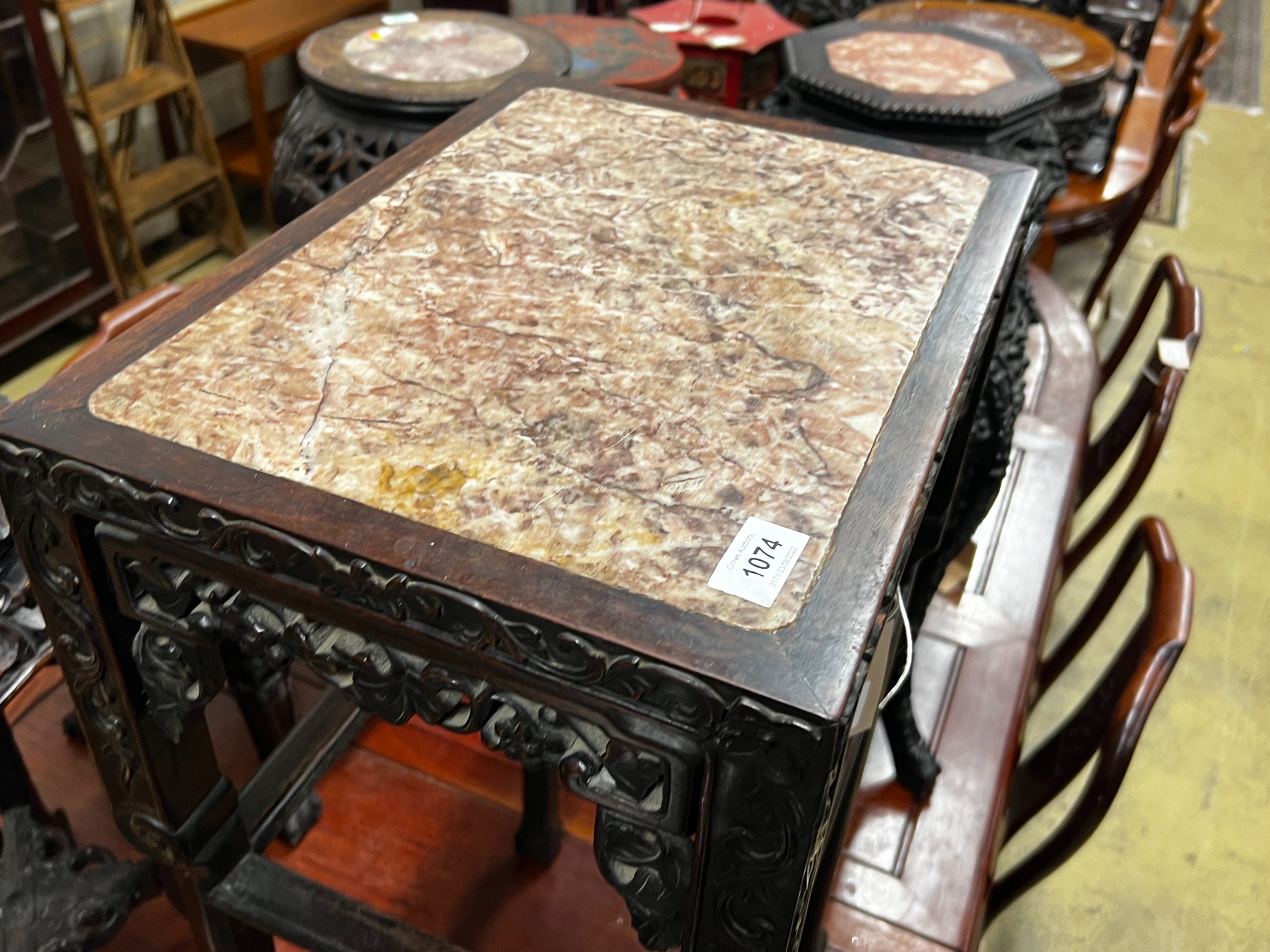 A Chinese marble top carved hongmu vase stand, width 42cm, depth 32cm, height 80cm